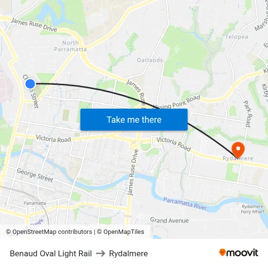 Benaud Oval Light Rail to Rydalmere map