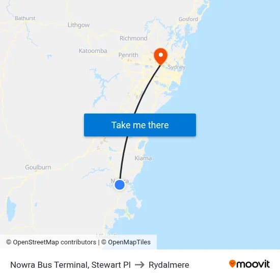 Nowra Bus Terminal, Stewart Pl to Rydalmere map