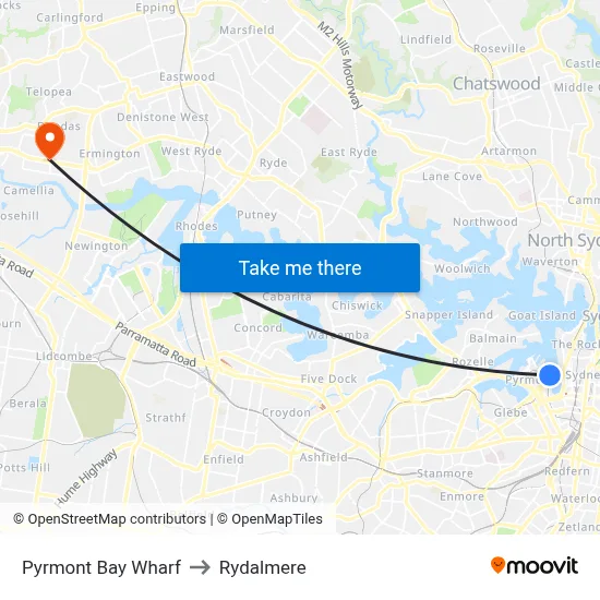 Pyrmont Bay Wharf to Rydalmere map