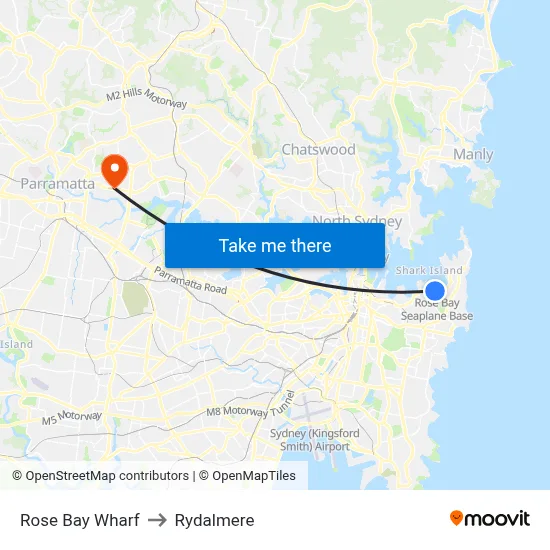 Rose Bay Wharf to Rydalmere map