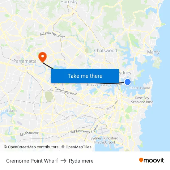 Cremorne Point Wharf to Rydalmere map