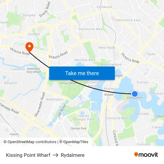 Kissing Point Wharf to Rydalmere map