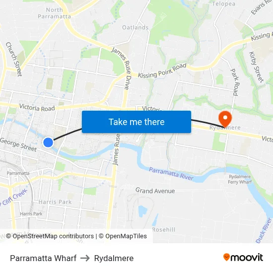 Parramatta Wharf to Rydalmere map