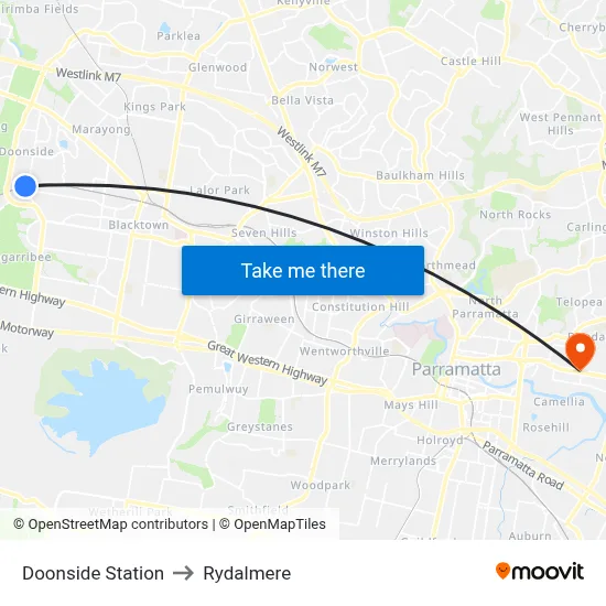 Doonside Station to Rydalmere map