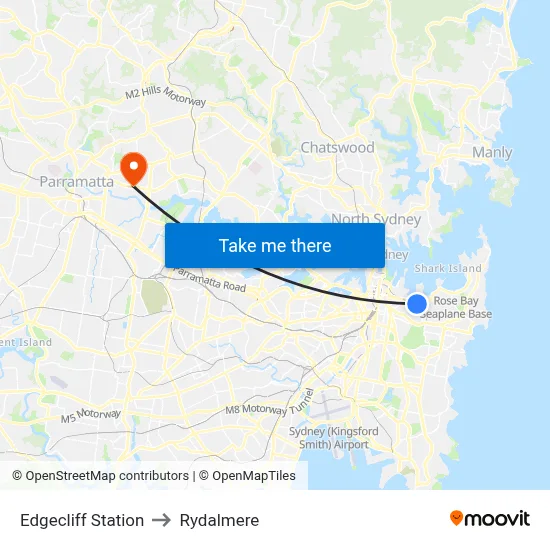 Edgecliff Station to Rydalmere map