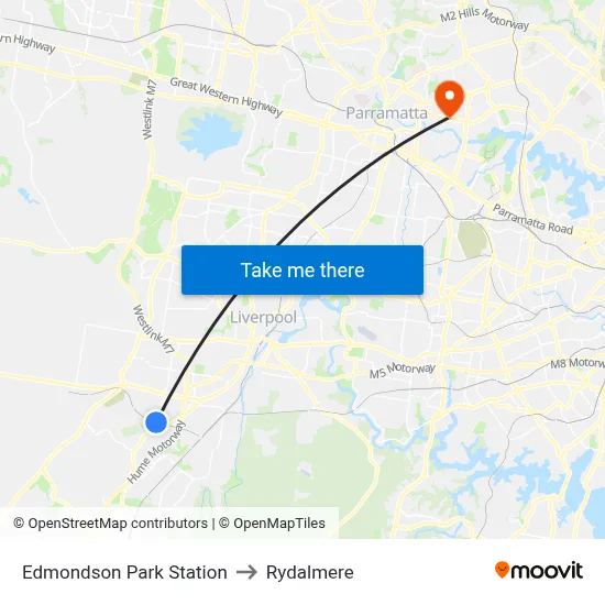 Edmondson Park Station to Rydalmere map