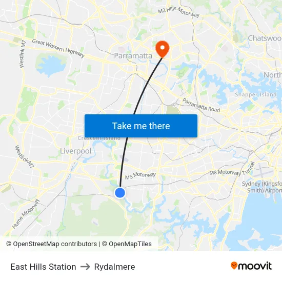 East Hills Station to Rydalmere map