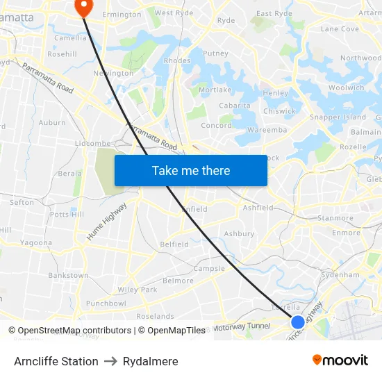Arncliffe Station to Rydalmere map