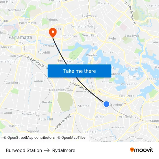 Burwood Station to Rydalmere map