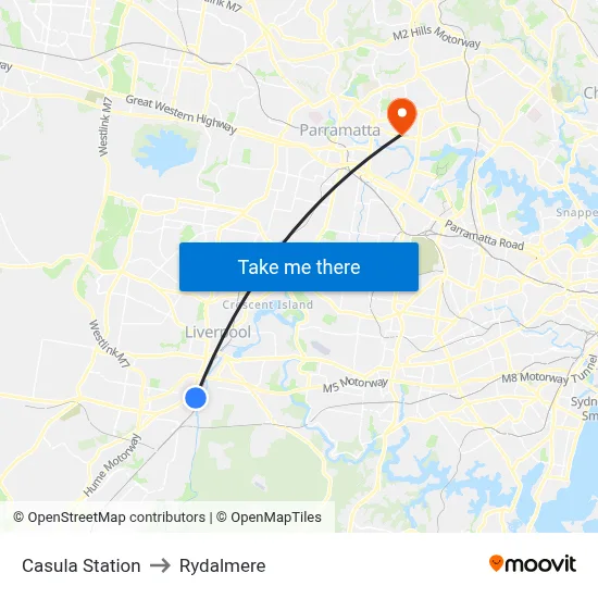 Casula Station to Rydalmere map