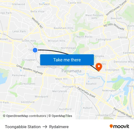 Toongabbie Station to Rydalmere map