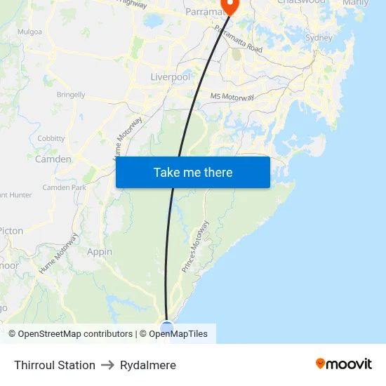 Thirroul Station to Rydalmere map