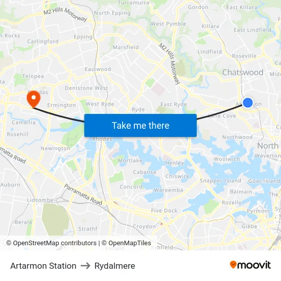 Artarmon Station to Rydalmere map