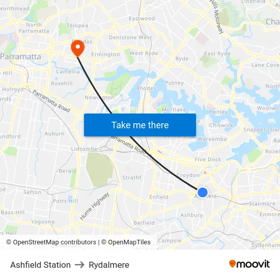 Ashfield Station to Rydalmere map