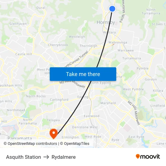 Asquith Station to Rydalmere map