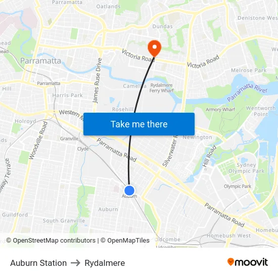 Auburn Station to Rydalmere map