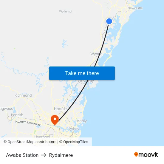 Awaba Station to Rydalmere map
