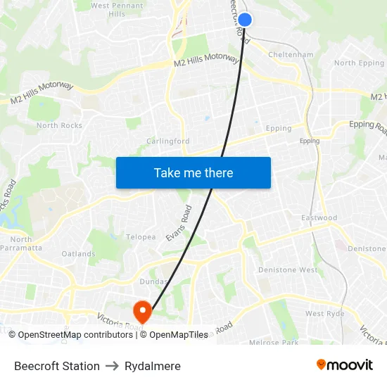 Beecroft Station to Rydalmere map