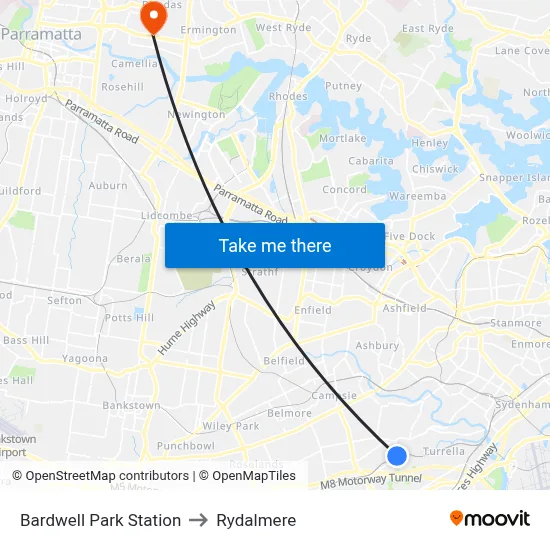 Bardwell Park Station to Rydalmere map