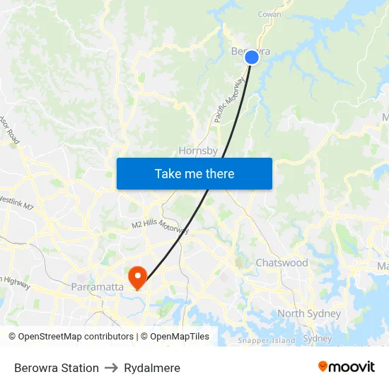 Berowra Station to Rydalmere map
