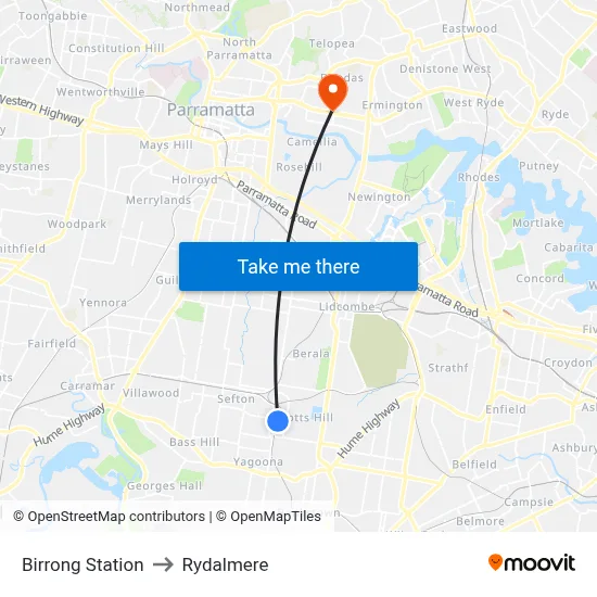 Birrong Station to Rydalmere map