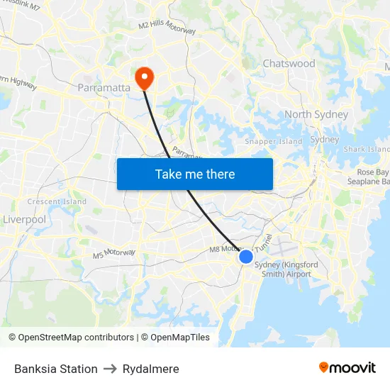 Banksia Station to Rydalmere map