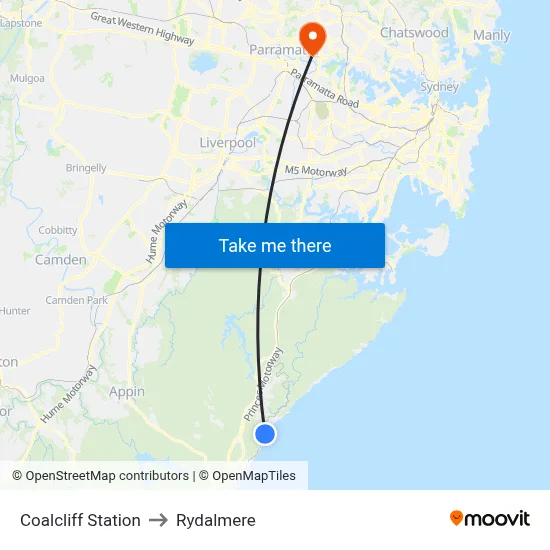 Coalcliff Station to Rydalmere map