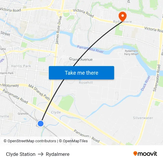 Clyde Station to Rydalmere map