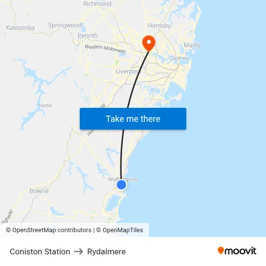 Coniston Station to Rydalmere map