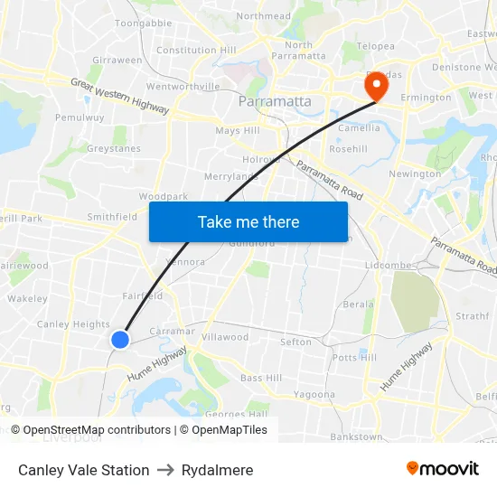 Canley Vale Station to Rydalmere map