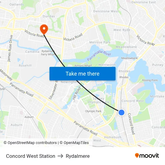 Concord West Station to Rydalmere map