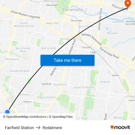 Fairfield Station to Rydalmere map