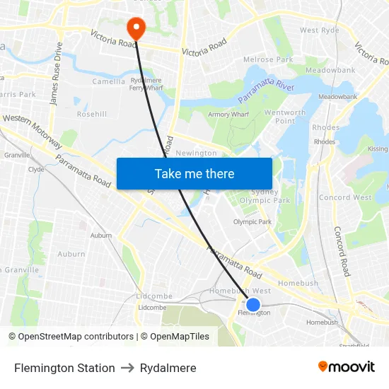 Flemington Station to Rydalmere map