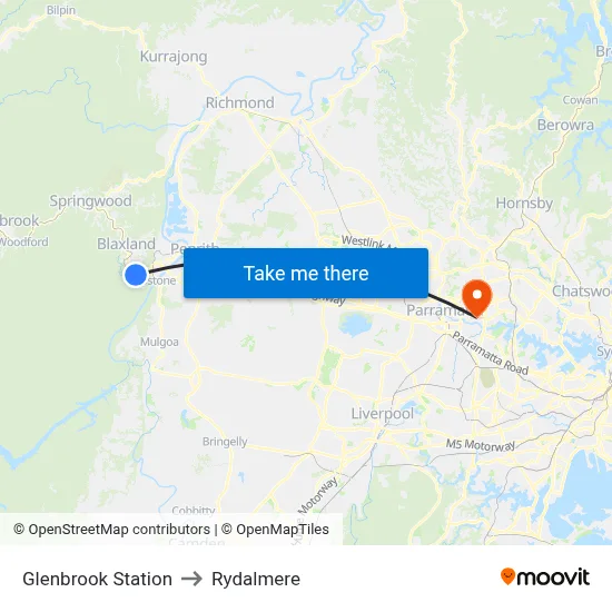 Glenbrook Station to Rydalmere map