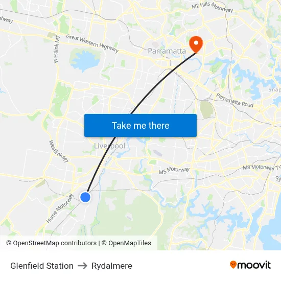 Glenfield Station to Rydalmere map