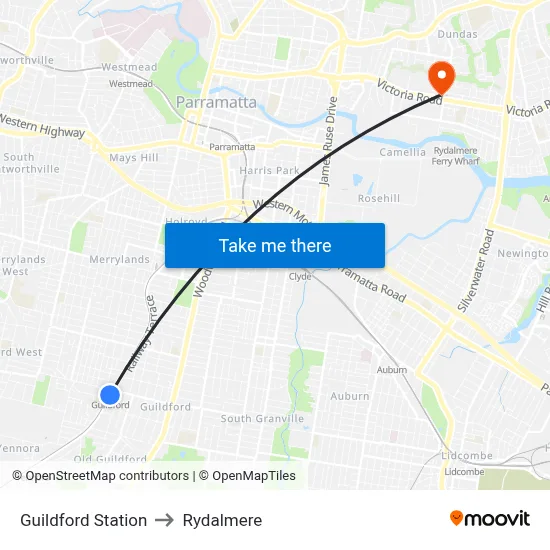 Guildford Station to Rydalmere map