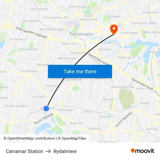 Carramar Station to Rydalmere map