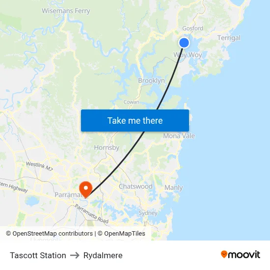 Tascott Station to Rydalmere map