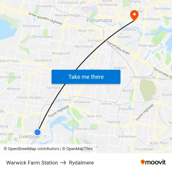 Warwick Farm Station to Rydalmere map