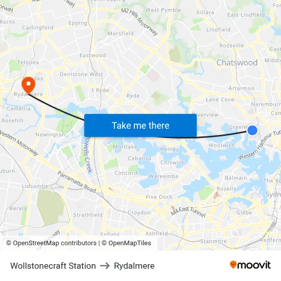 Wollstonecraft Station to Rydalmere map