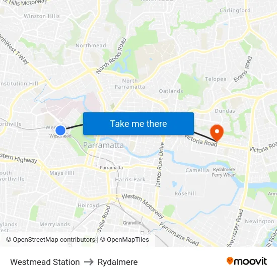 Westmead Station to Rydalmere map