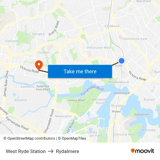West Ryde Station to Rydalmere map
