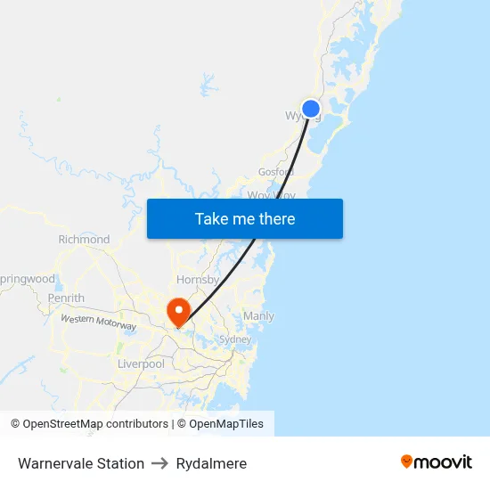 Warnervale Station to Rydalmere map
