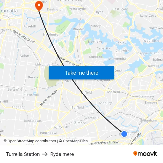 Turrella Station to Rydalmere map