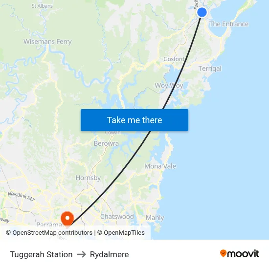 Tuggerah Station to Rydalmere map