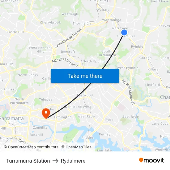 Turramurra Station to Rydalmere map