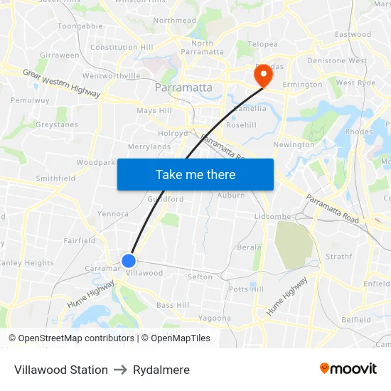 Villawood Station to Rydalmere map