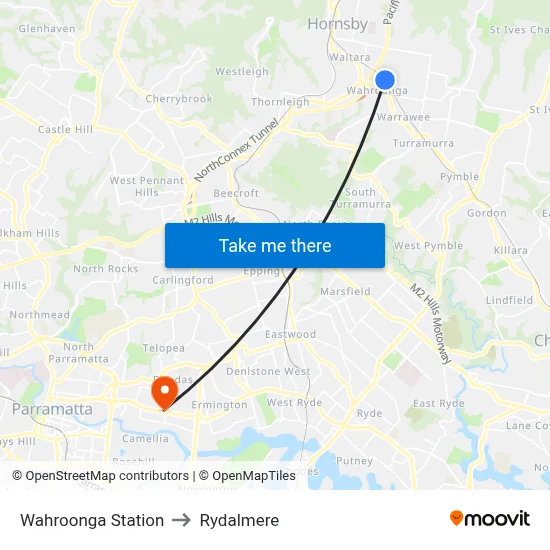 Wahroonga Station to Rydalmere map