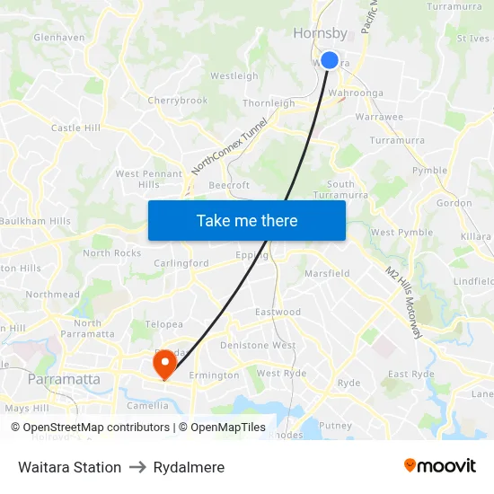 Waitara Station to Rydalmere map