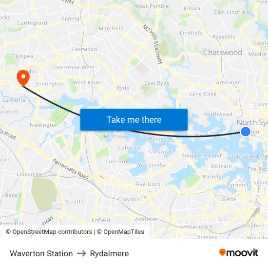 Waverton Station to Rydalmere map